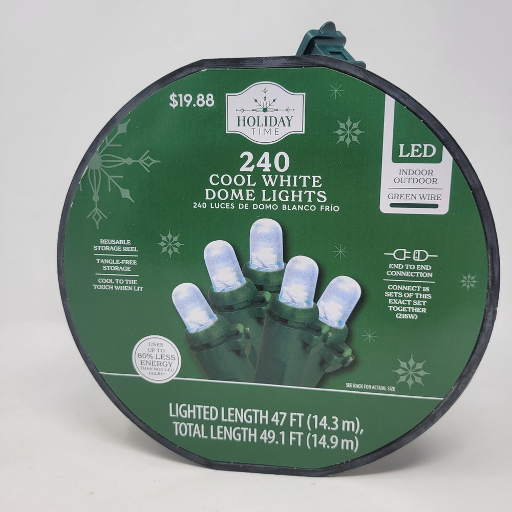 Holiday Time 240 Cool White LED Dome‎ Lights with Green Wire on Reel